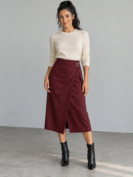 Falda Midi Cruzada Hebilla - Burdeos