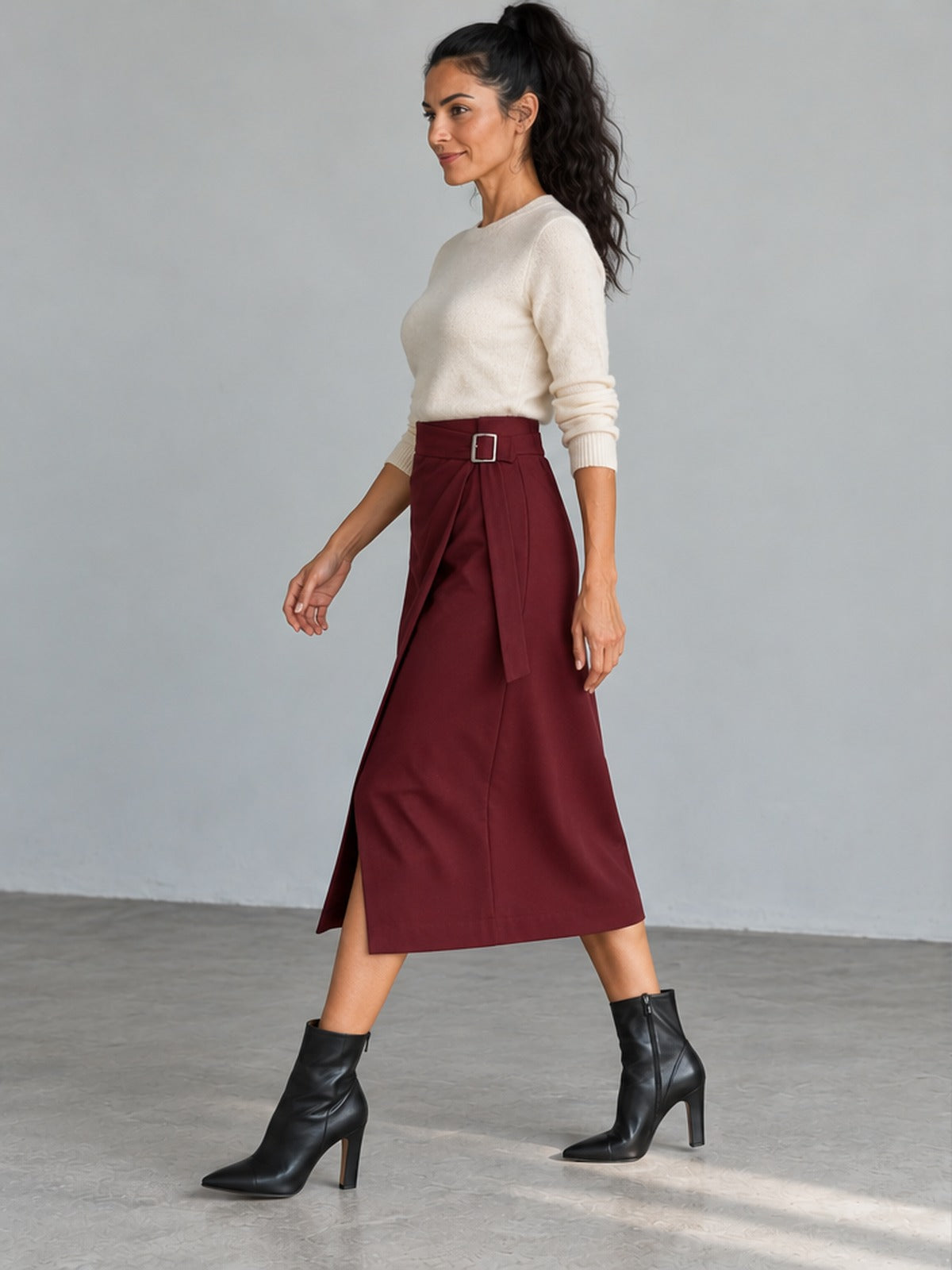 Falda Midi Cruzada Hebilla - Burdeos