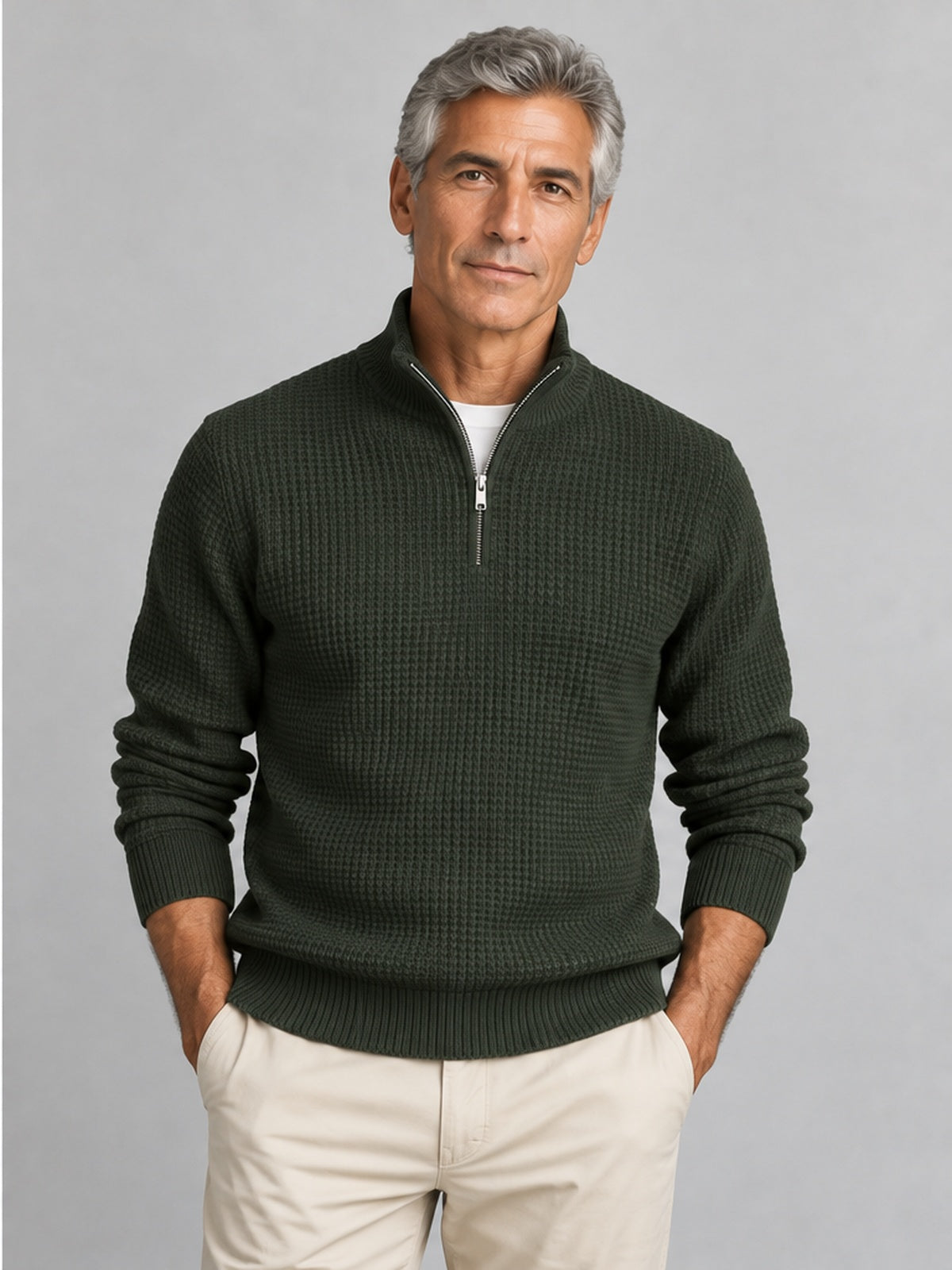 Jersey de Punto Waffle Cuarto de Cremallera - Verde Oscuro