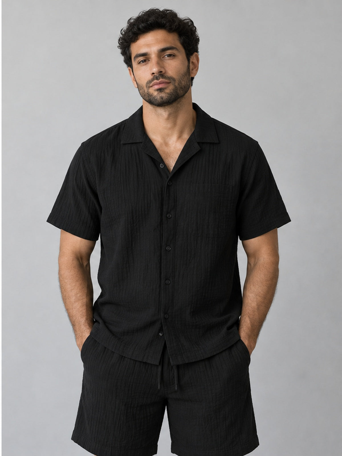 Conjunto Camisa y Bermuda de Textura - Negro