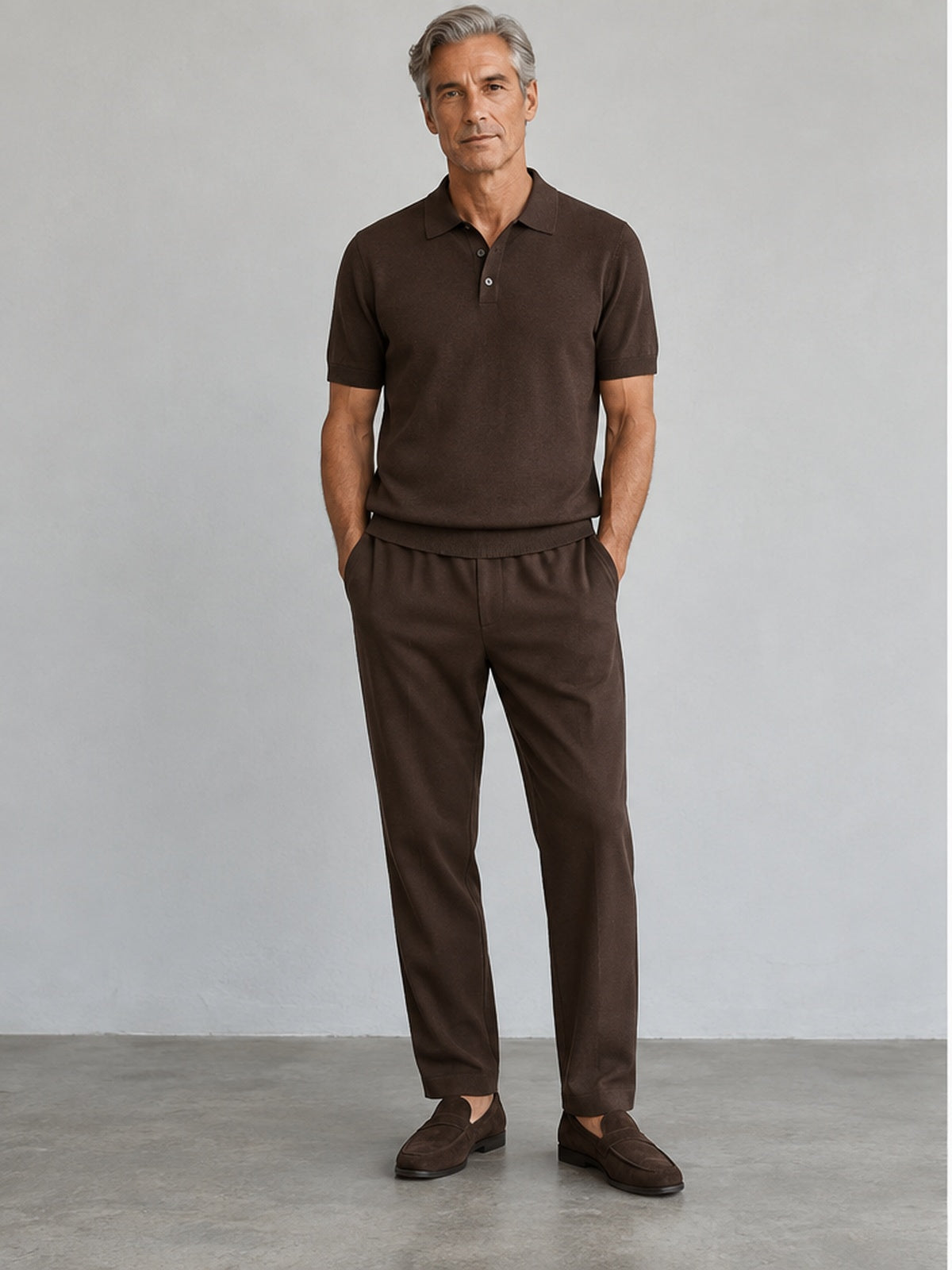 Conjunto Polo de Punto y Pantalón - Marrón Chocolate