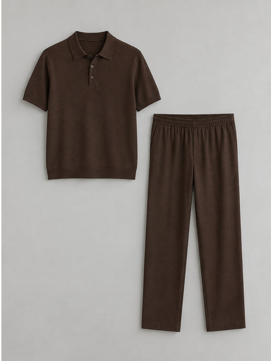 Conjunto Polo de Punto y Pantalón - Marrón Chocolate