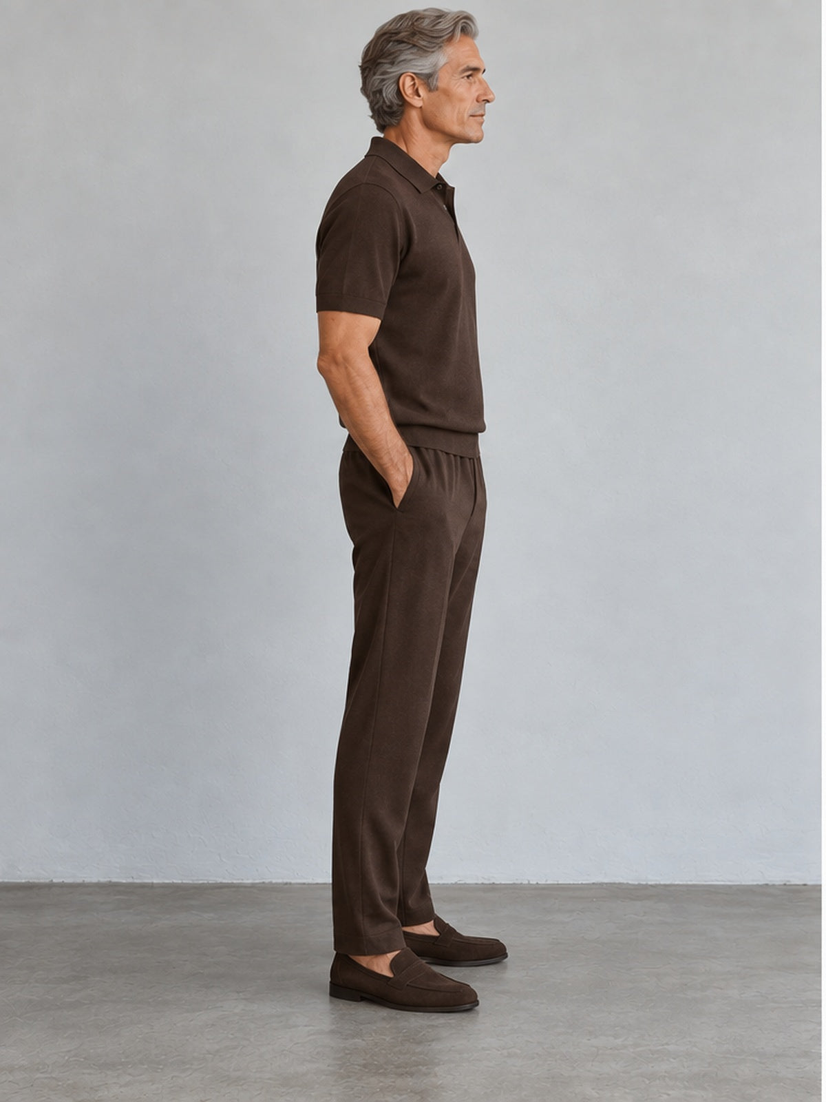 Conjunto Polo de Punto y Pantalón - Marrón Chocolate