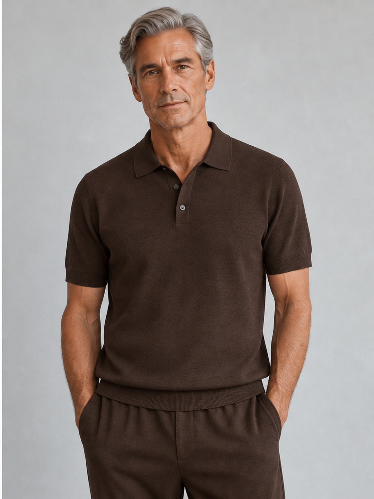 Conjunto Polo de Punto y Pantalón - Marrón Chocolate