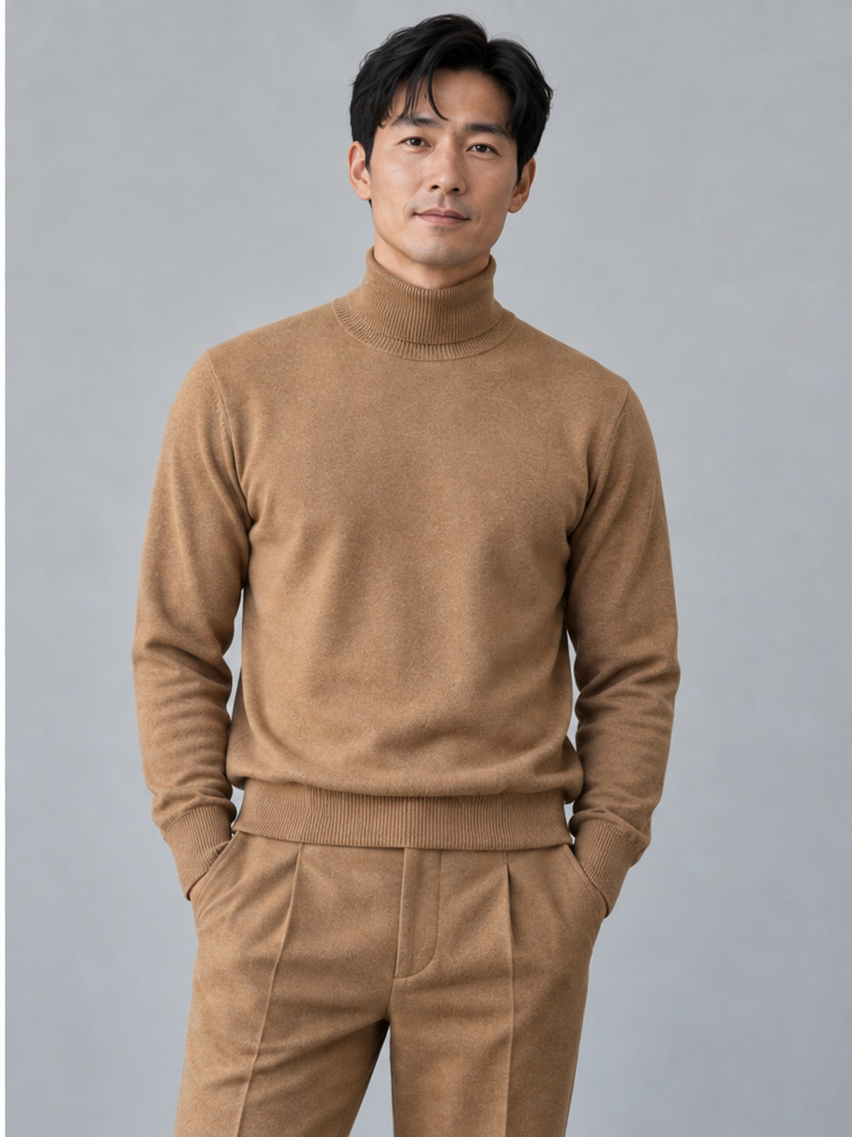 Conjunto Jersey Cuello Alto y Pantalón de Pinzas - Camel