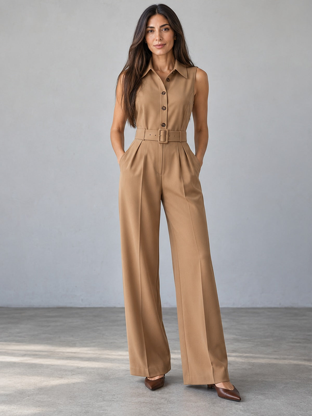 Mono Sin Mangas Cuello Camisa - Camel