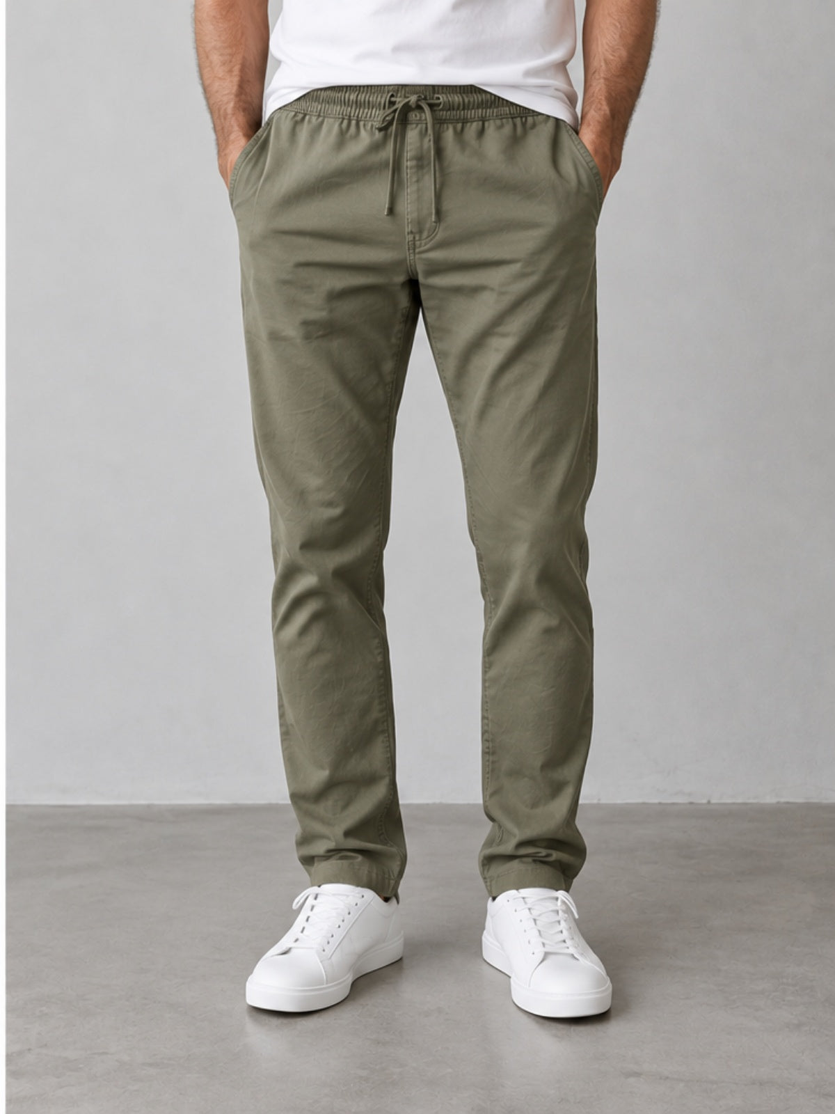 Pantalón Chino con Cintura Elástica - Verde Oliva