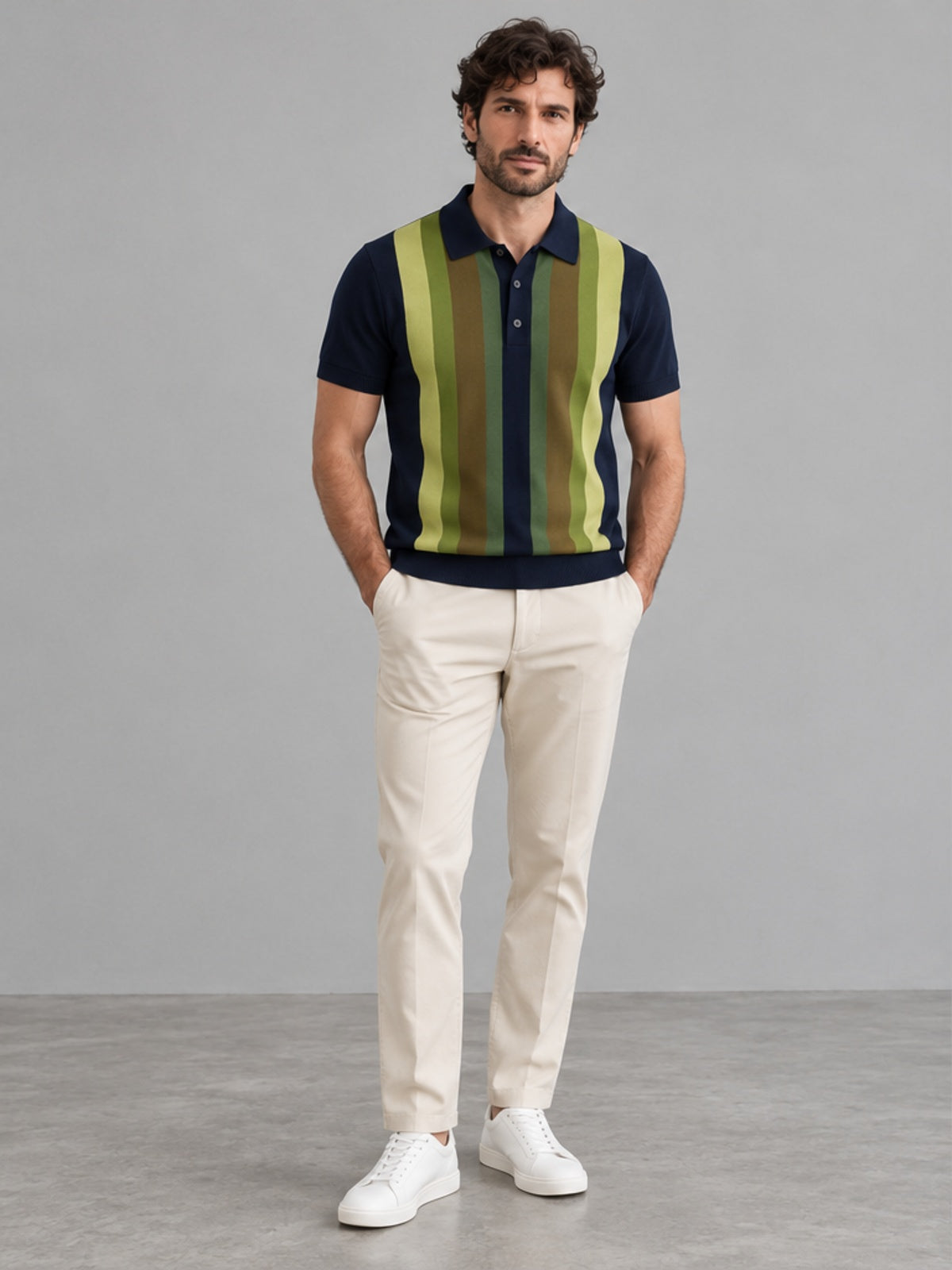 Polo Punto Retro con Franja - Azul Marino y Verde