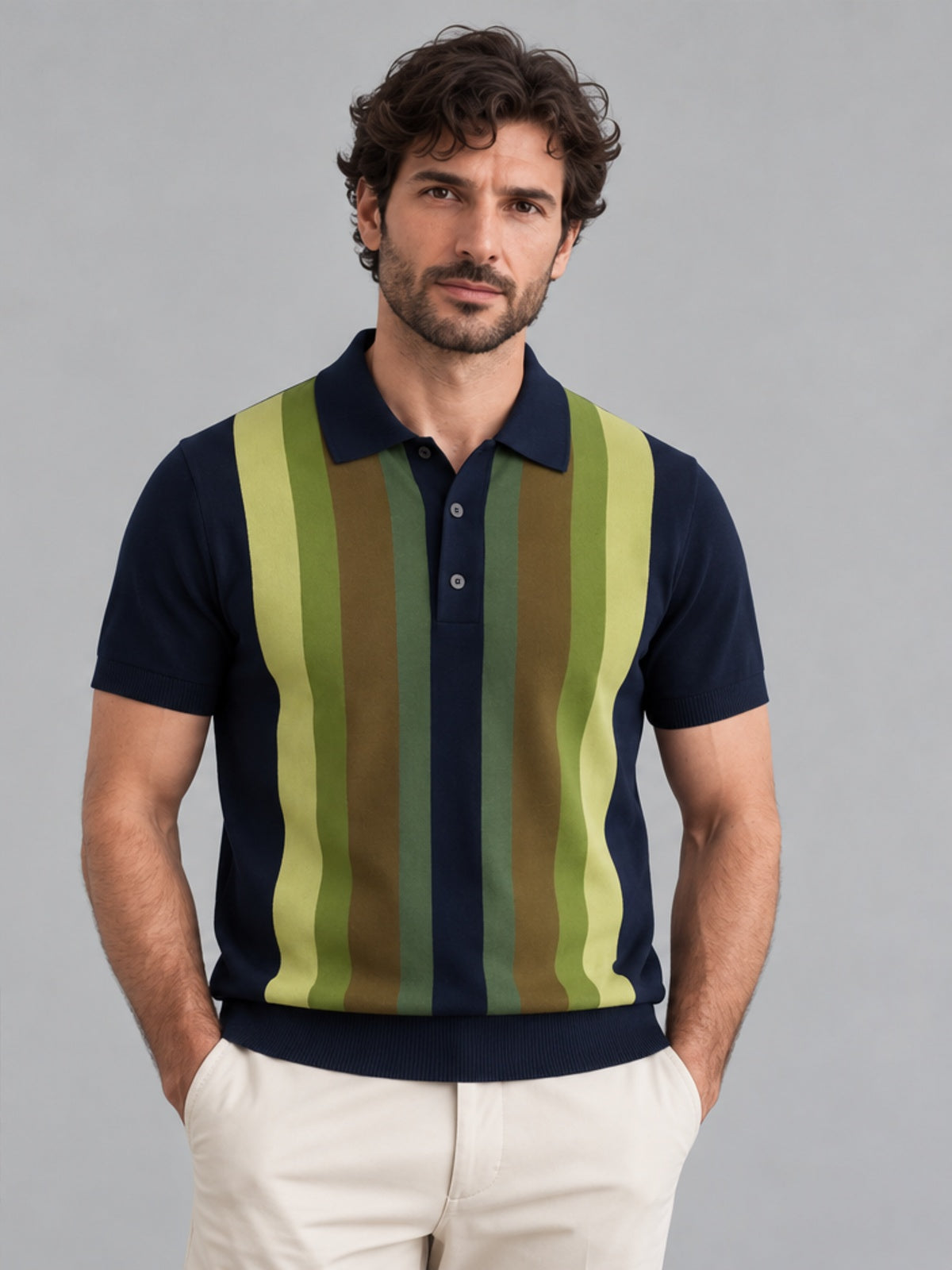 Polo Punto Retro con Franja - Azul Marino y Verde