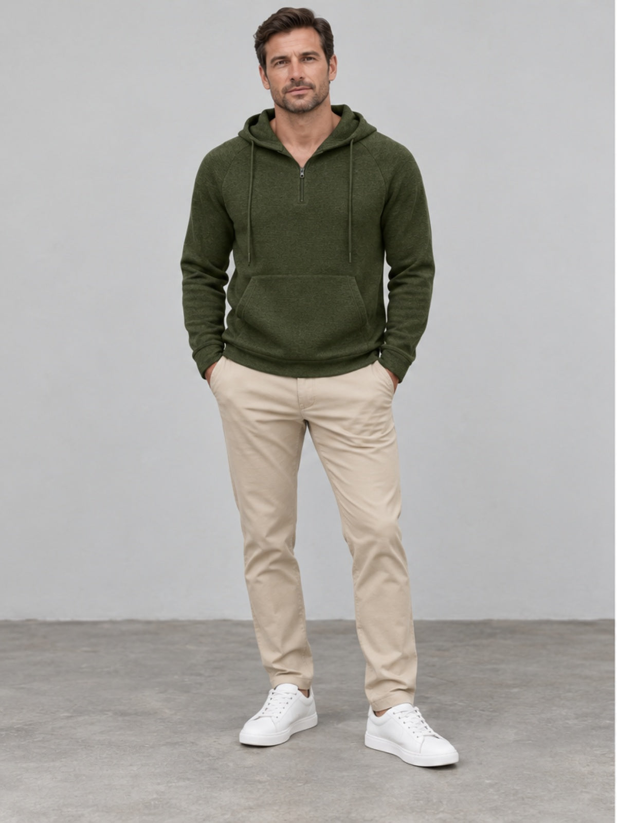Jersey Ligero con Capucha y Cuarto de Cremallera - Verde Militar