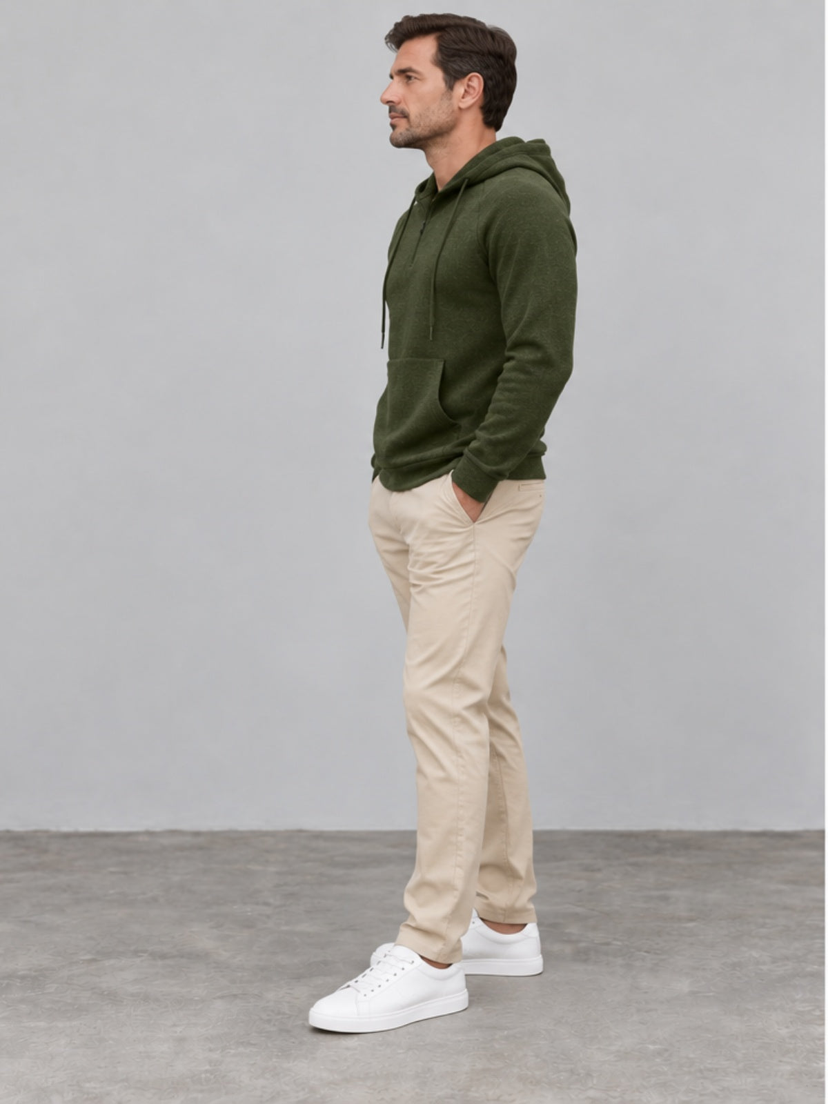 Jersey Ligero con Capucha y Cuarto de Cremallera - Verde Militar