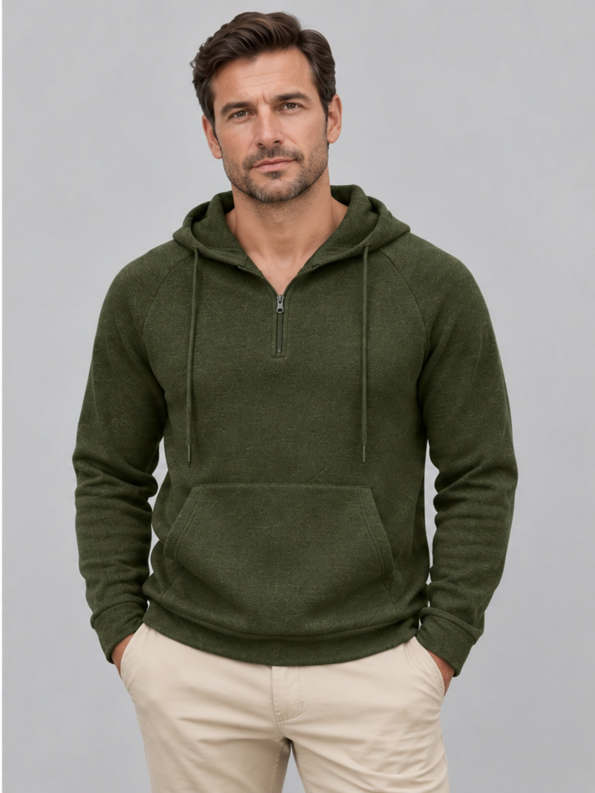 Jersey Ligero con Capucha y Cuarto de Cremallera - Verde Militar