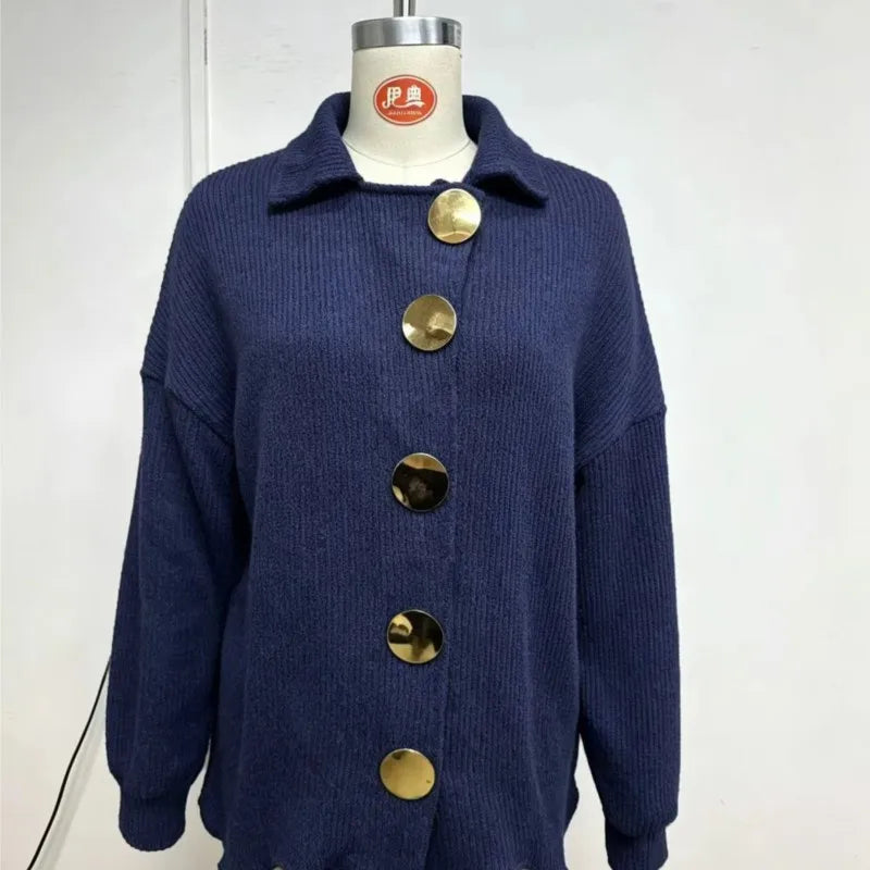 Cárdigan Oversize con Botones Dorados - Azul Marino