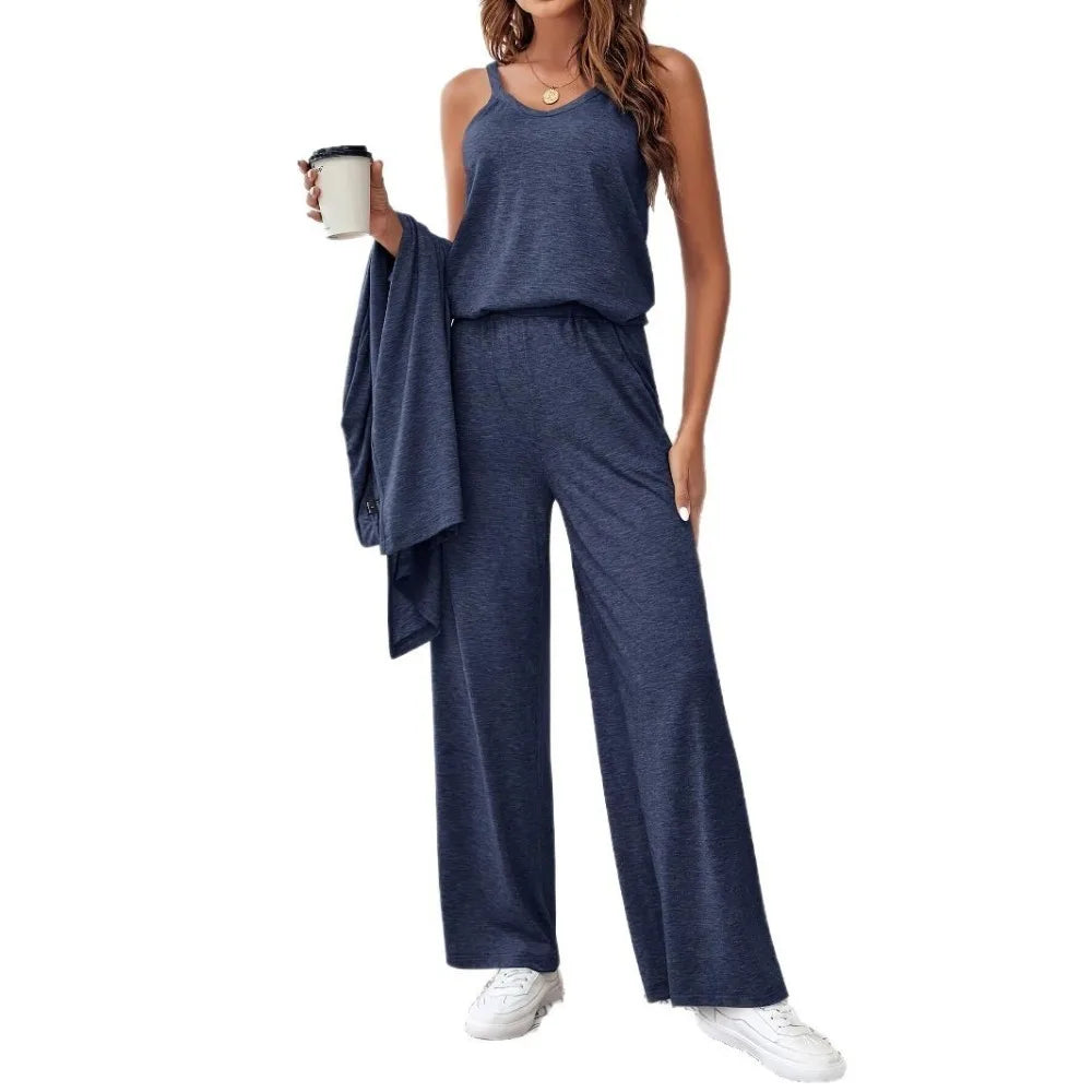 Conjunto Tres Piezas Cárdigan Largo, Top y Pantalón - Azul Marino