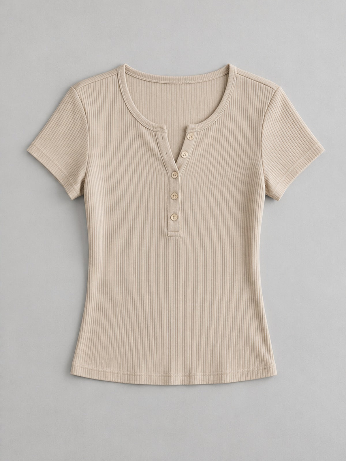Camiseta Cuello con Botones Canalé - Beige