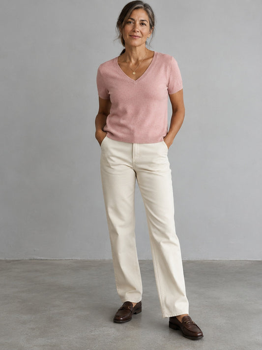 Camiseta Punto Suave Cuello Pico - Rosa Empolvado