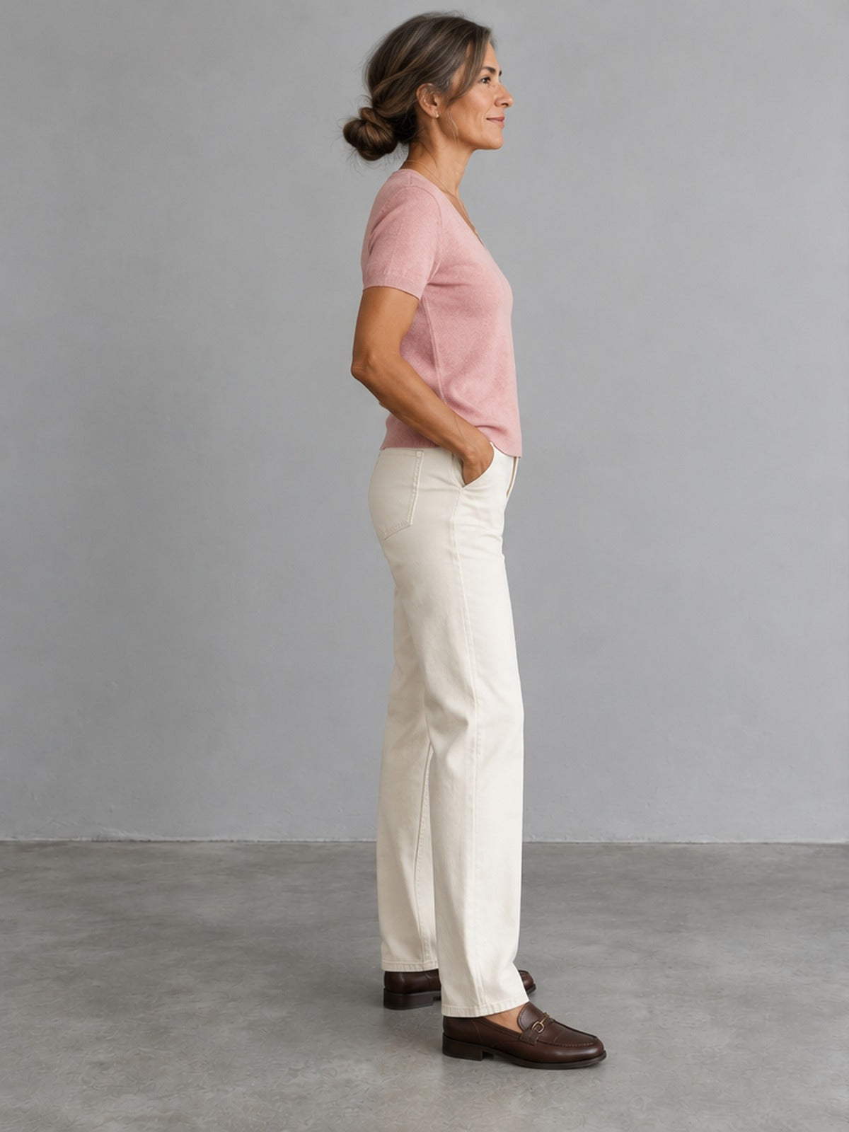 Camiseta Punto Suave Cuello Pico - Rosa Empolvado