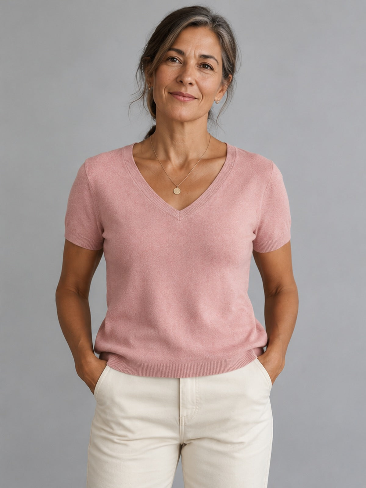 Camiseta Punto Suave Cuello Pico - Rosa Empolvado