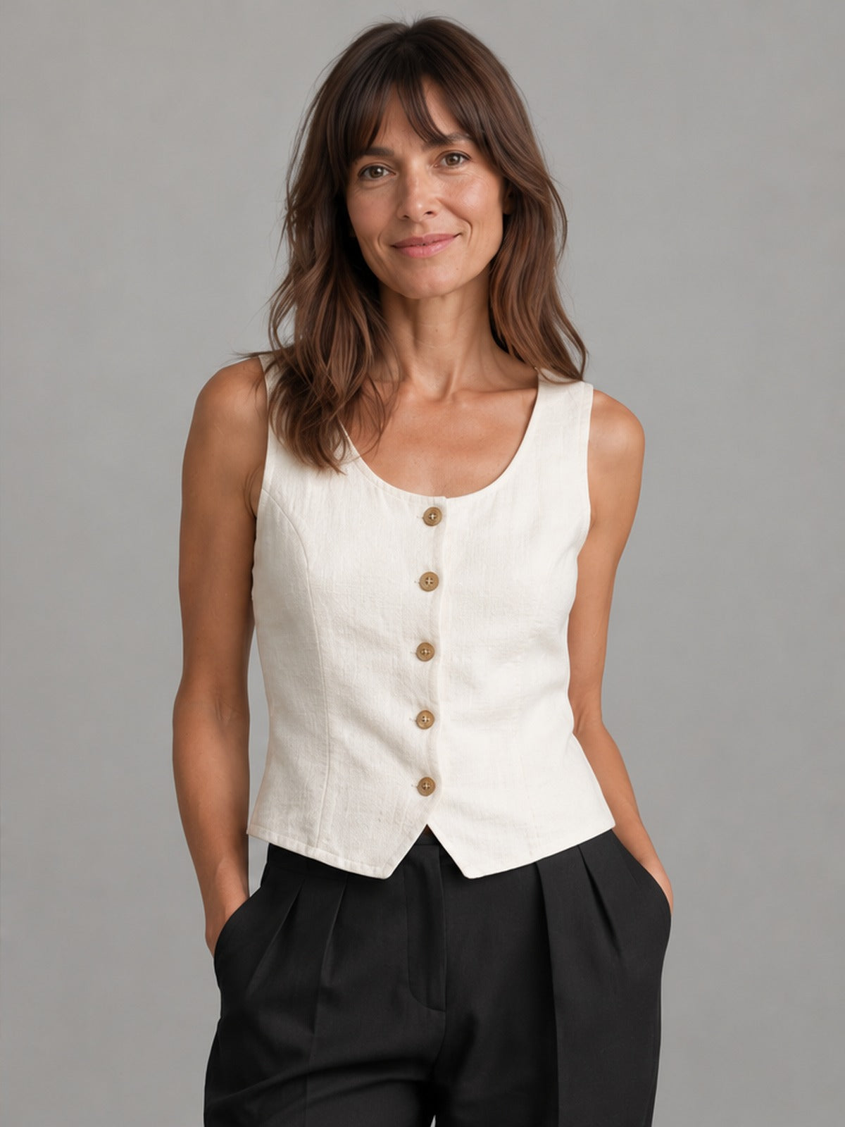 Camiseta Botones Sin Mangas - Blanco Roto
