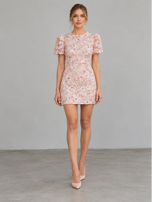 Vestido Mini de Lentejuelas Florales - Marfil