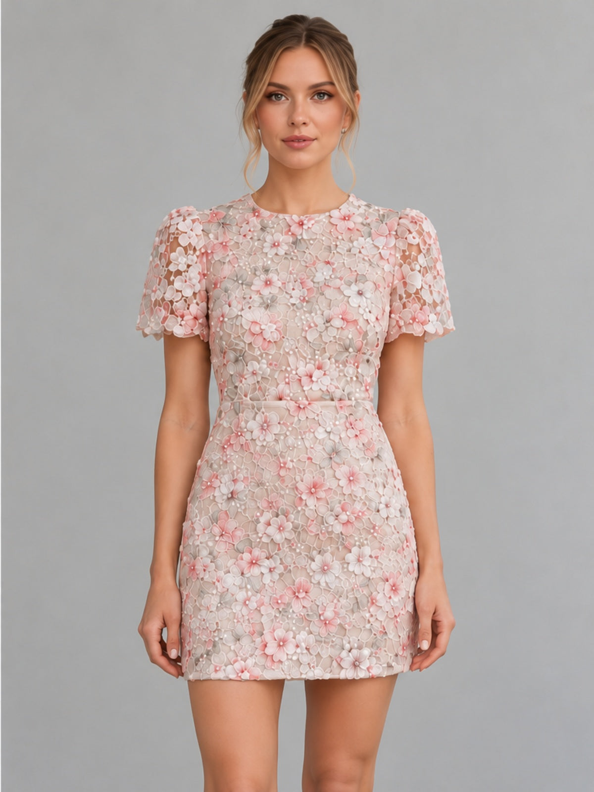 Vestido Mini de Lentejuelas Florales - Marfil