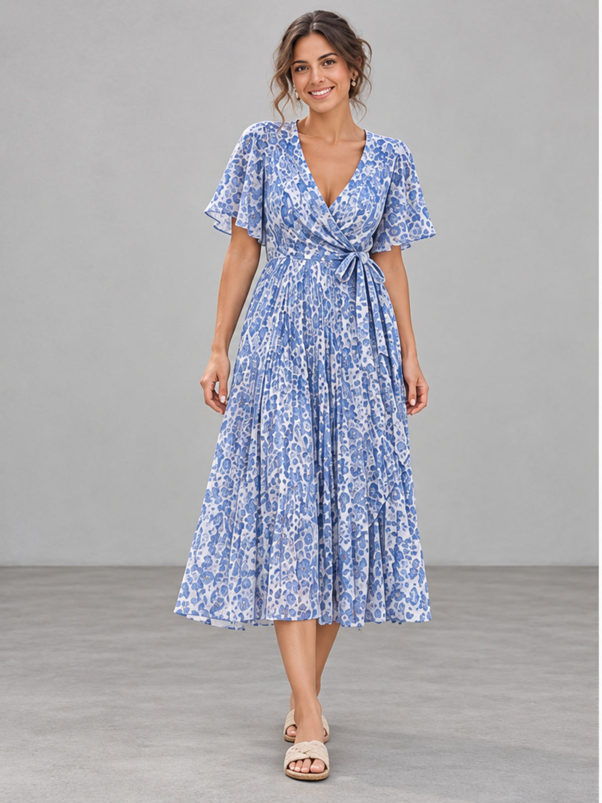 Vestido Midi Cruzado con Plisado - Azul Estampado