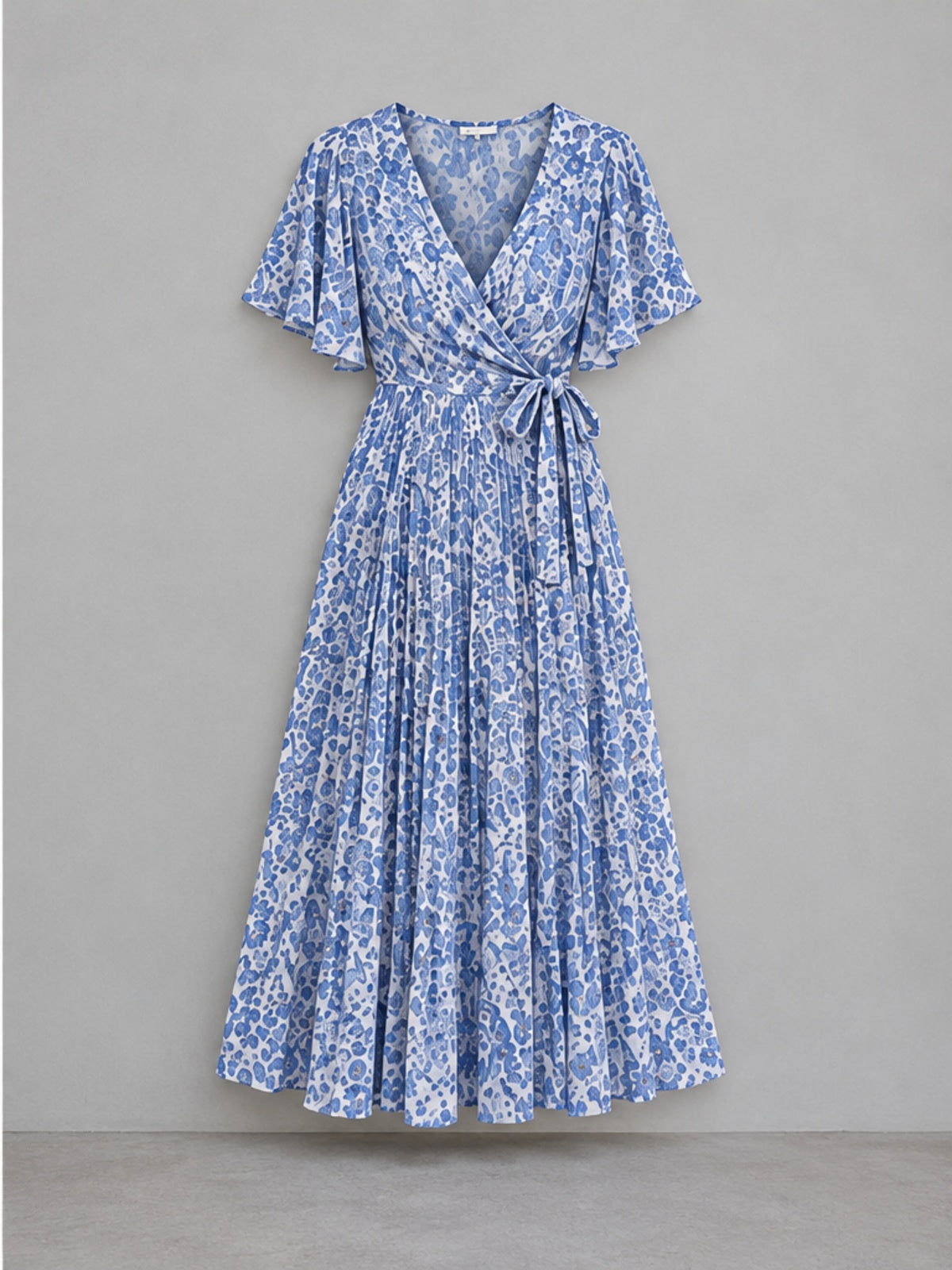 Vestido Midi Cruzado con Plisado - Azul Estampado