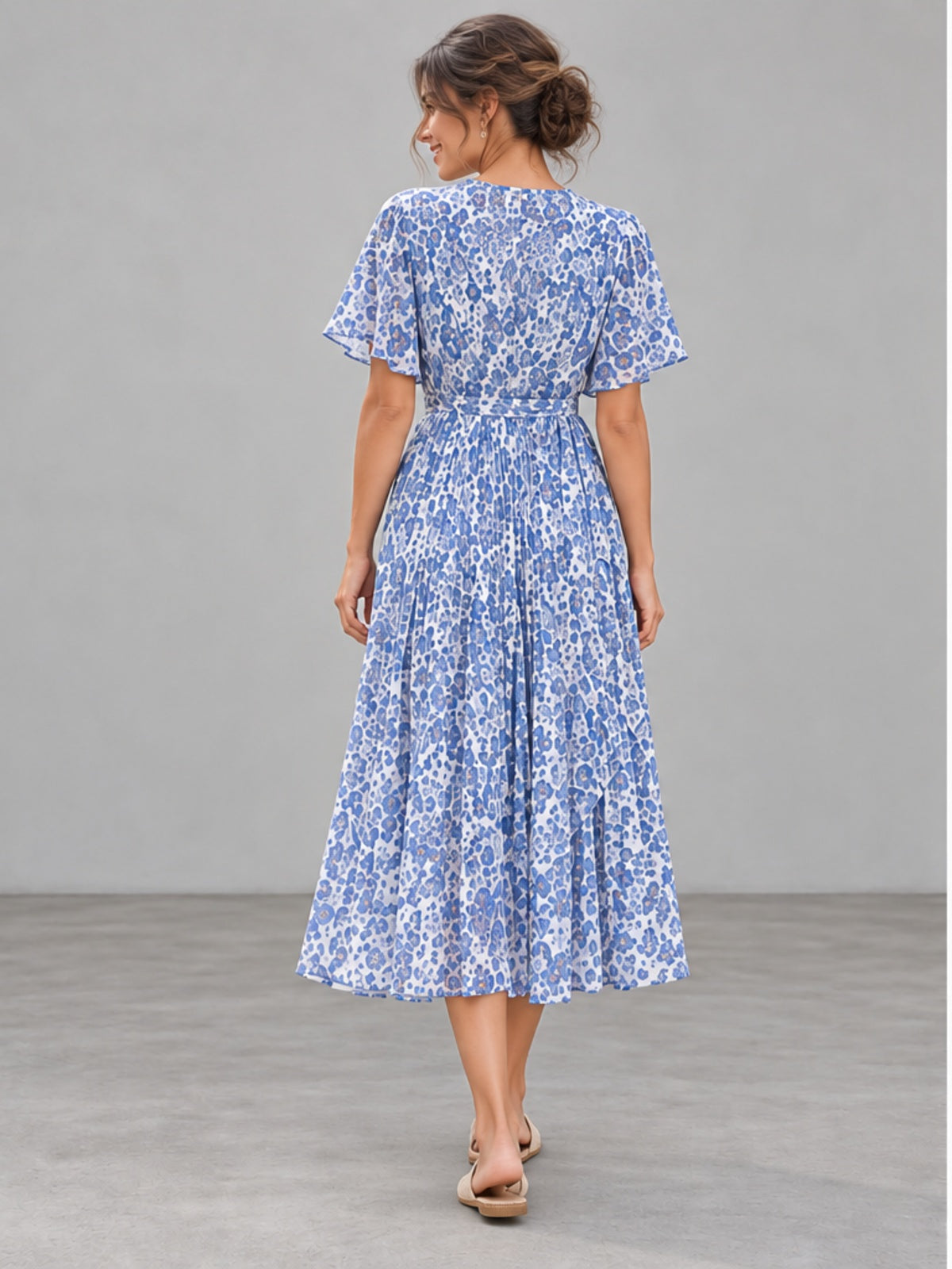 Vestido Midi Cruzado con Plisado - Azul Estampado