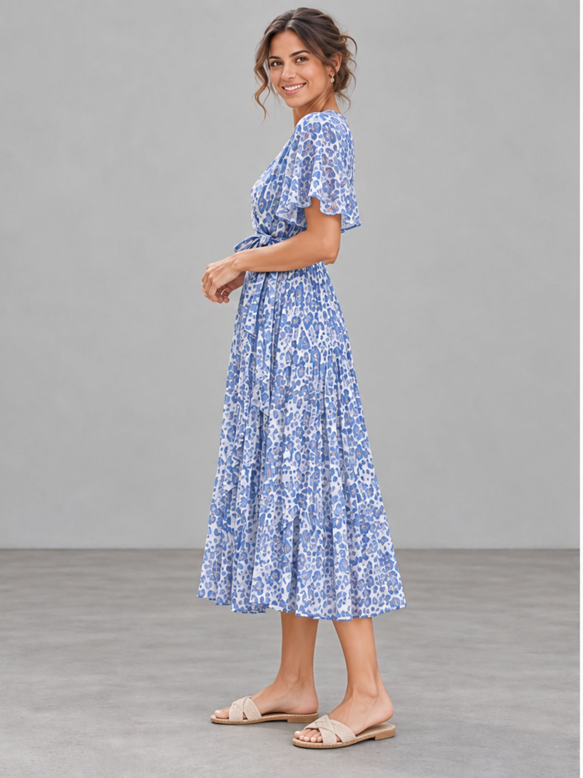 Vestido Midi Cruzado con Plisado - Azul Estampado