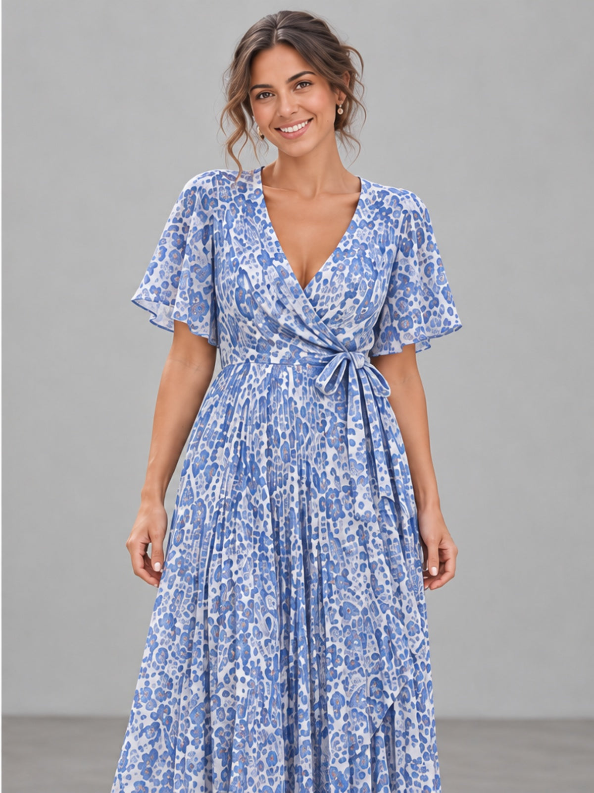Vestido Midi Cruzado con Plisado - Azul Estampado