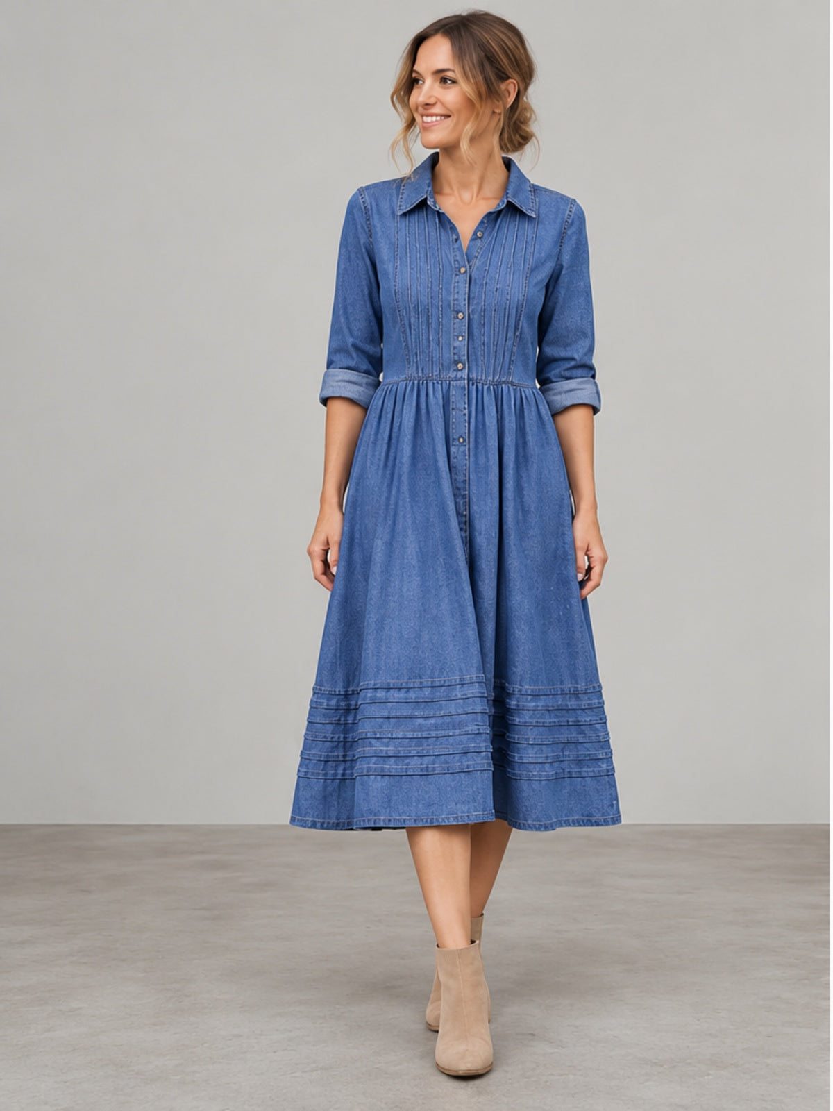 Vestido Vaquero Midi con Pliegues - Azul