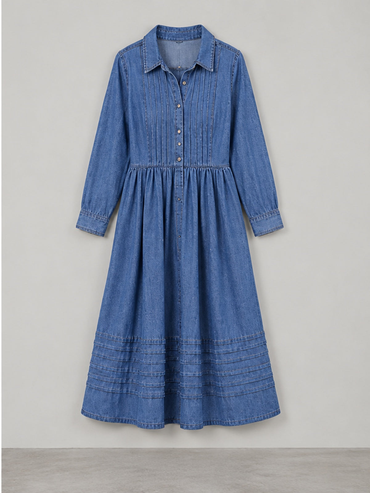 Vestido Vaquero Midi con Pliegues - Azul