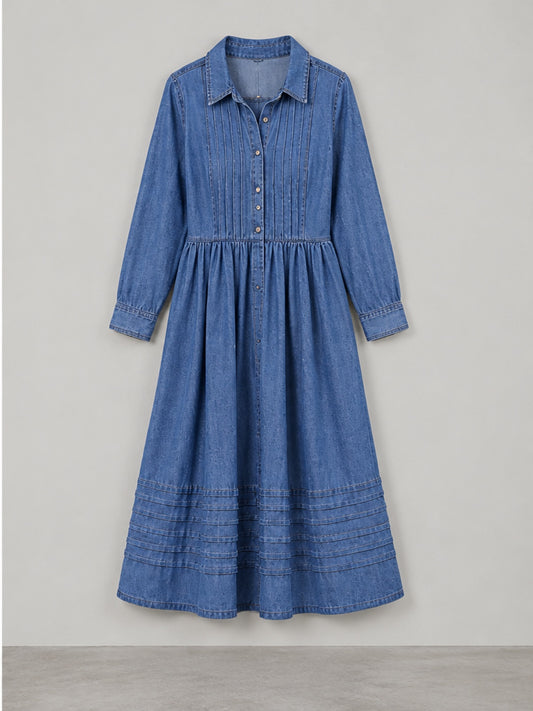 Vestido Vaquero Midi con Pliegues - Azul