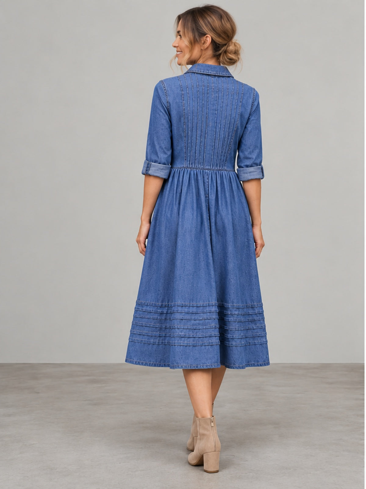 Vestido Vaquero Midi con Pliegues - Azul