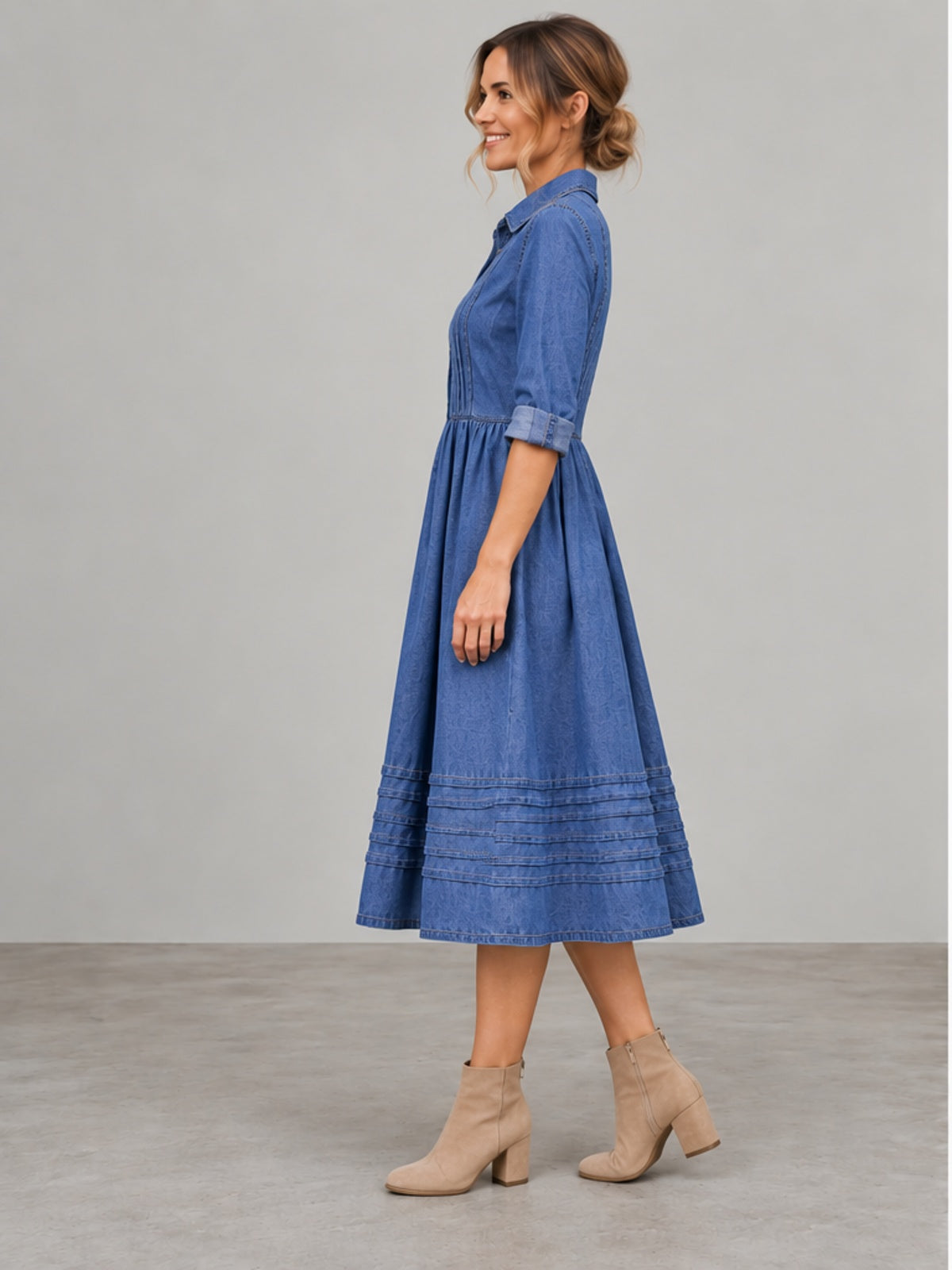 Vestido Vaquero Midi con Pliegues - Azul