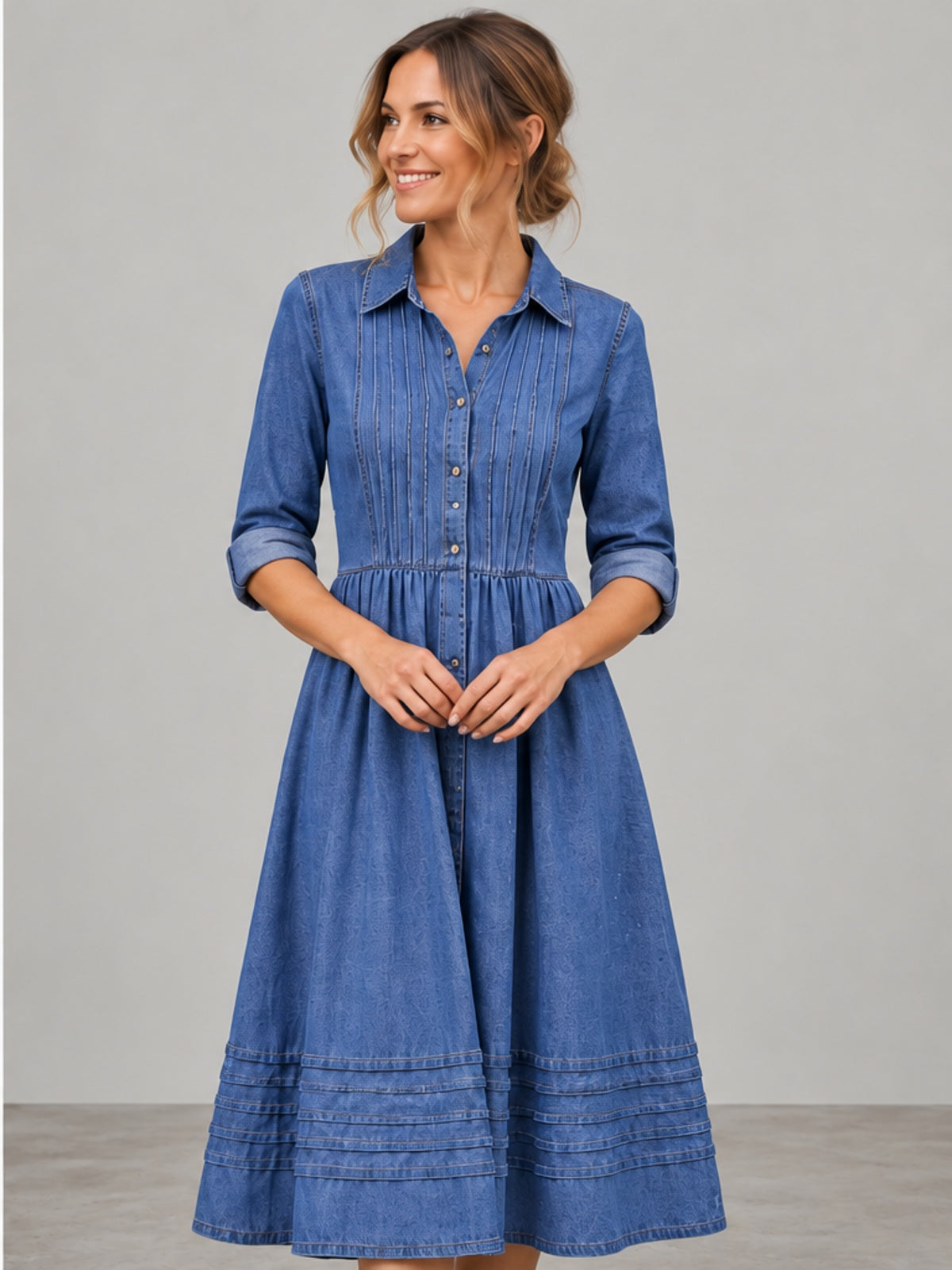 Vestido Vaquero Midi con Pliegues - Azul