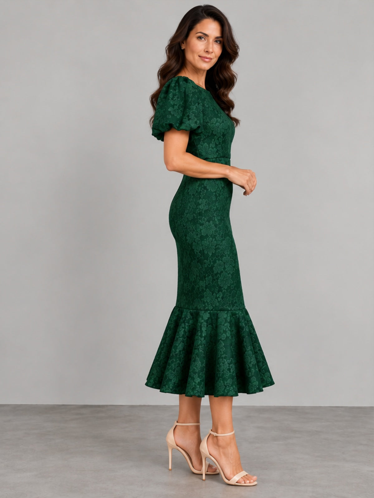 Vestido Midi Mangas Abullonadas - Verde Bosque