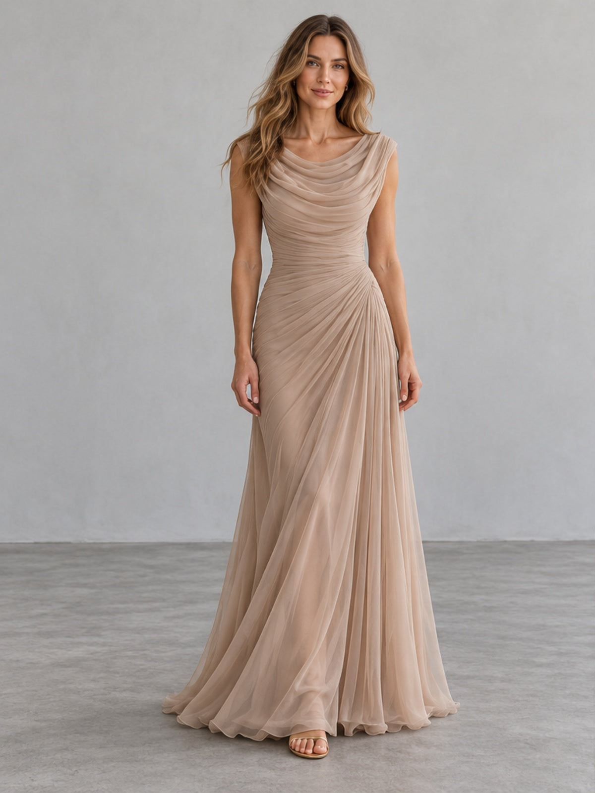 Vestido Largo Drapeado - Beige