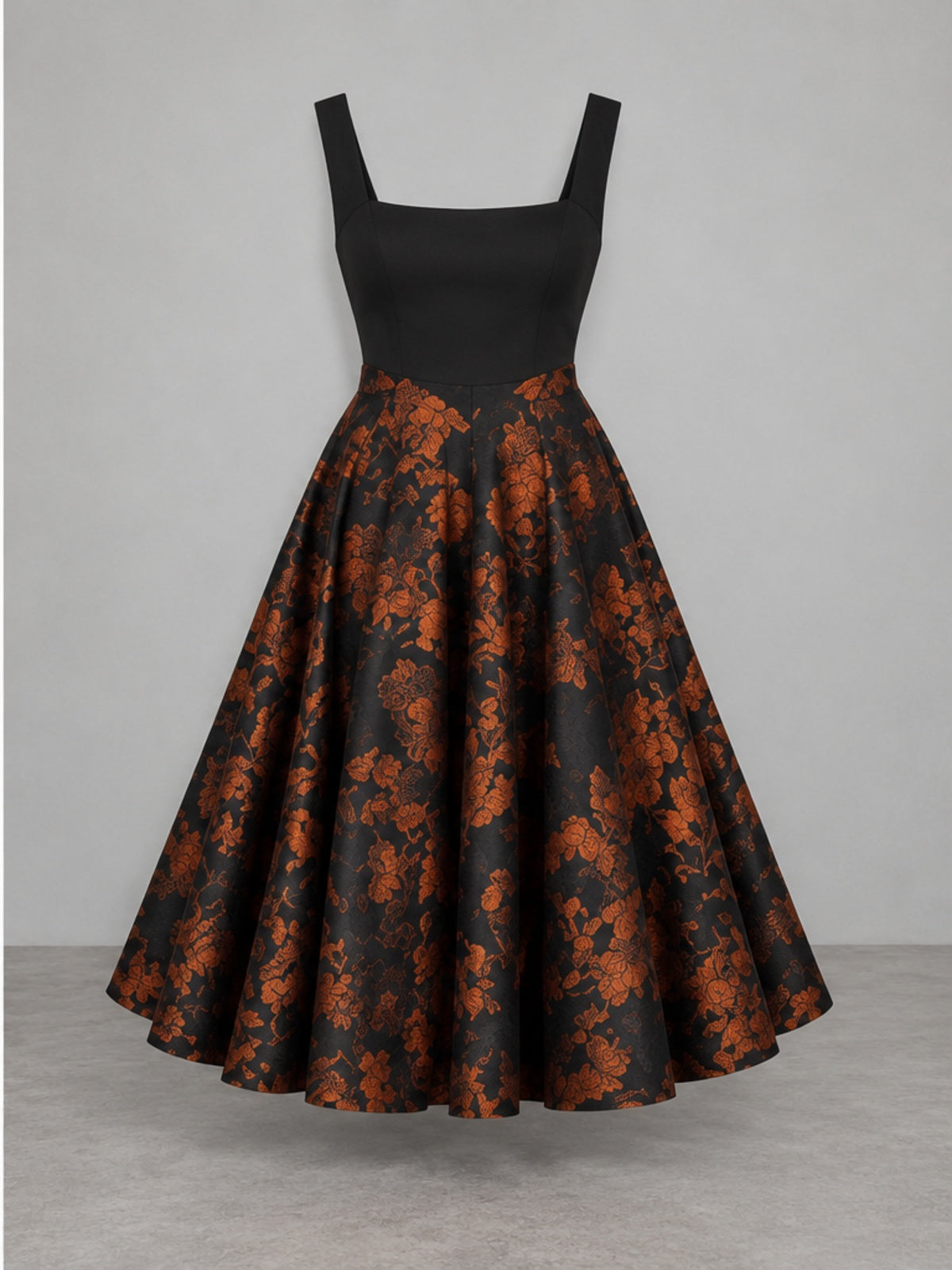 Vestido Midi Floral de Corte en A - Negro