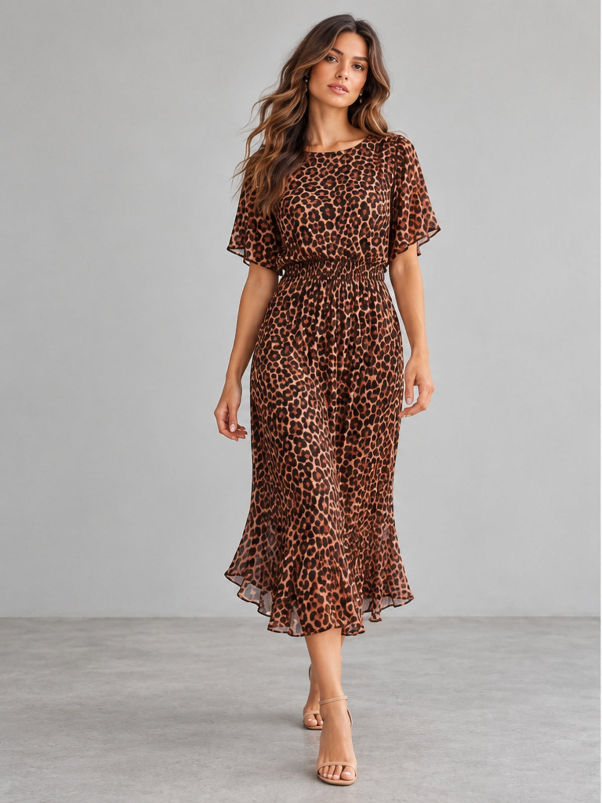 Vestido Plisado Estampado Leopardo - Marrón