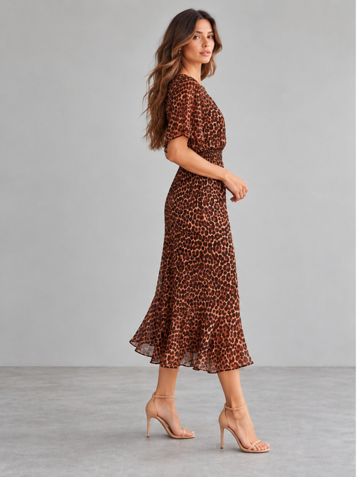 Vestido Plisado Estampado Leopardo - Marrón