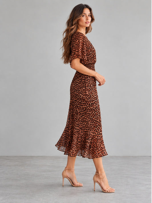 Vestido Plisado Estampado Leopardo - Marrón