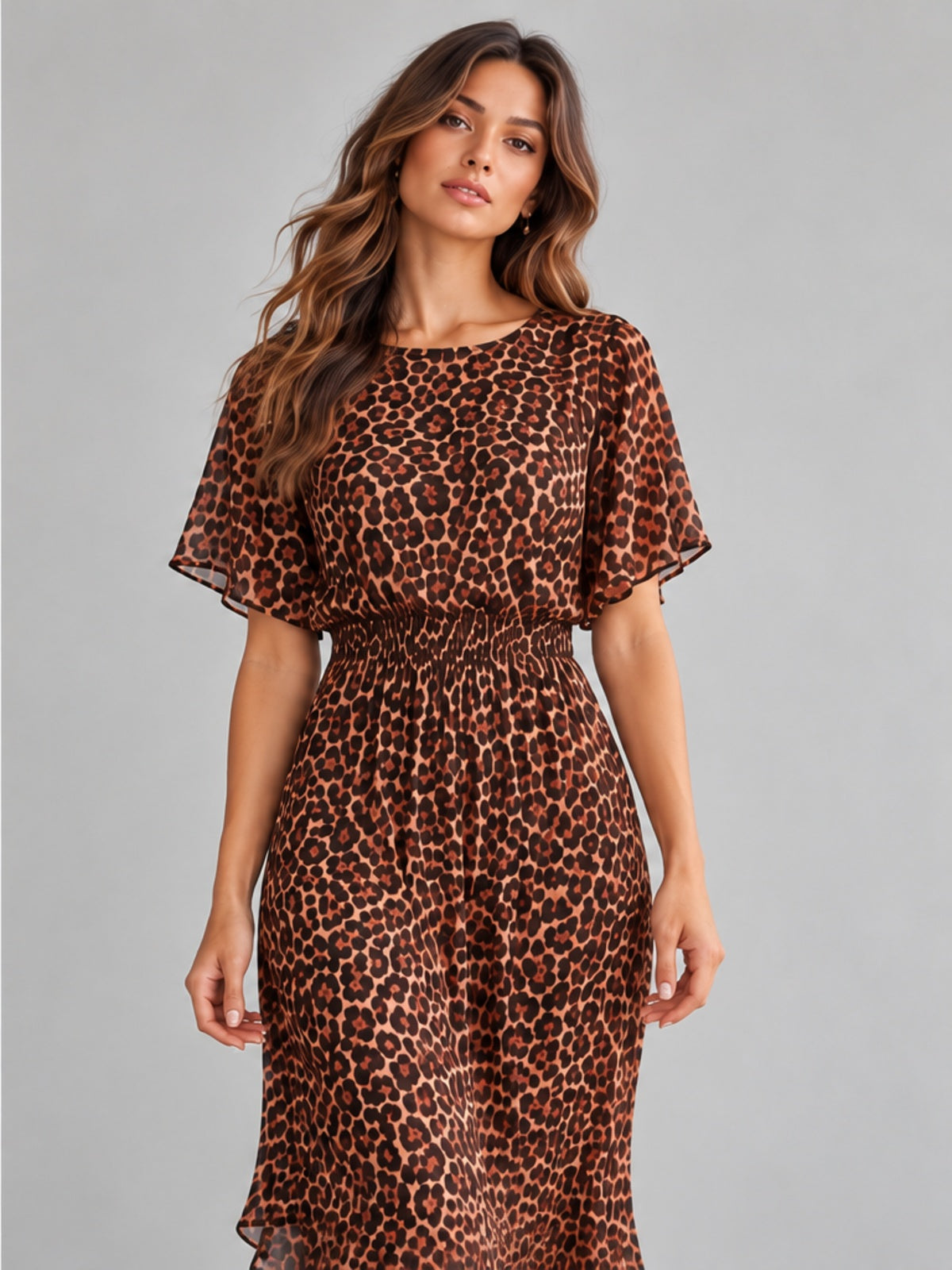Vestido Plisado Estampado Leopardo - Marrón