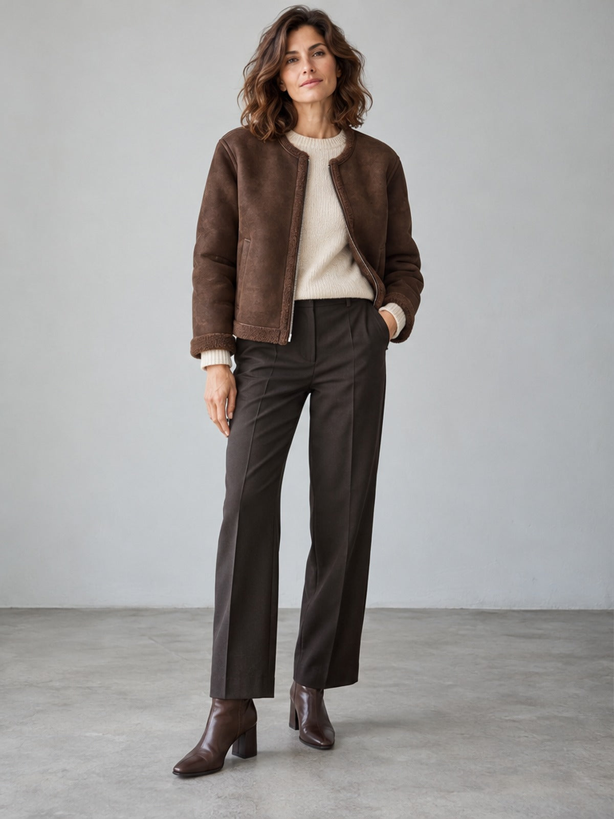 Chaqueta Abrigada Sin Cuello - Caoba