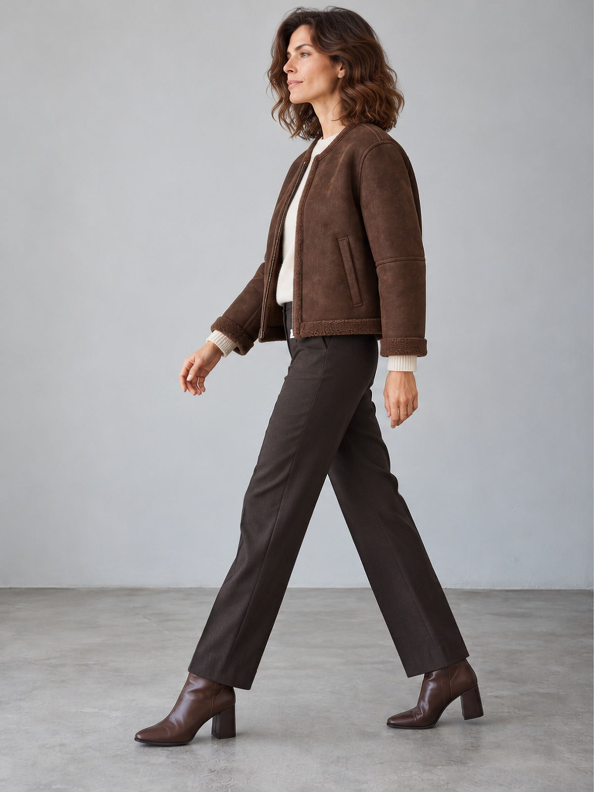 Chaqueta Abrigada Sin Cuello - Caoba