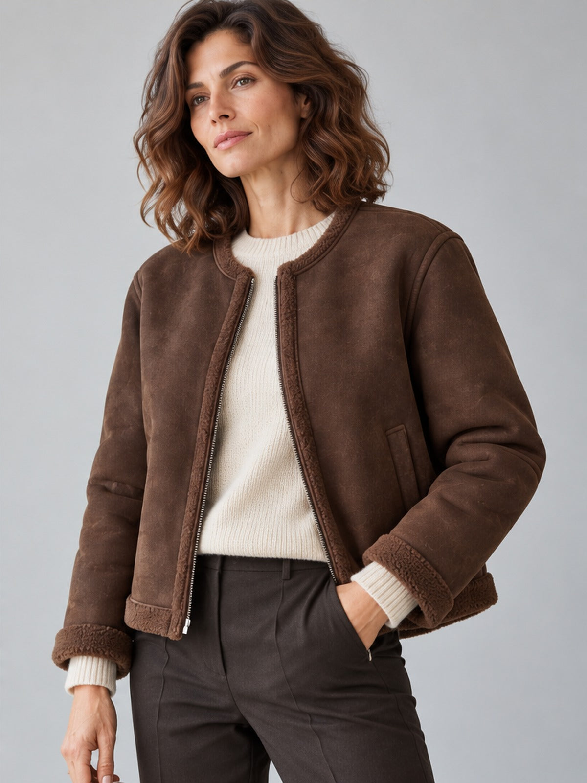 Chaqueta Abrigada Sin Cuello - Caoba