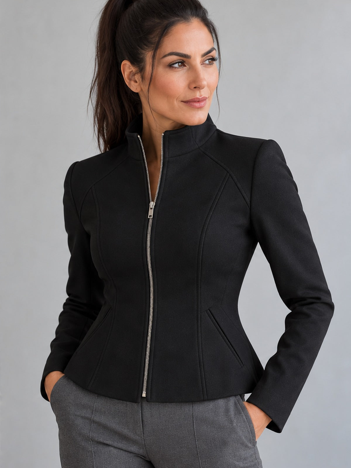 Chaqueta Esculpida Cremallera - Negro