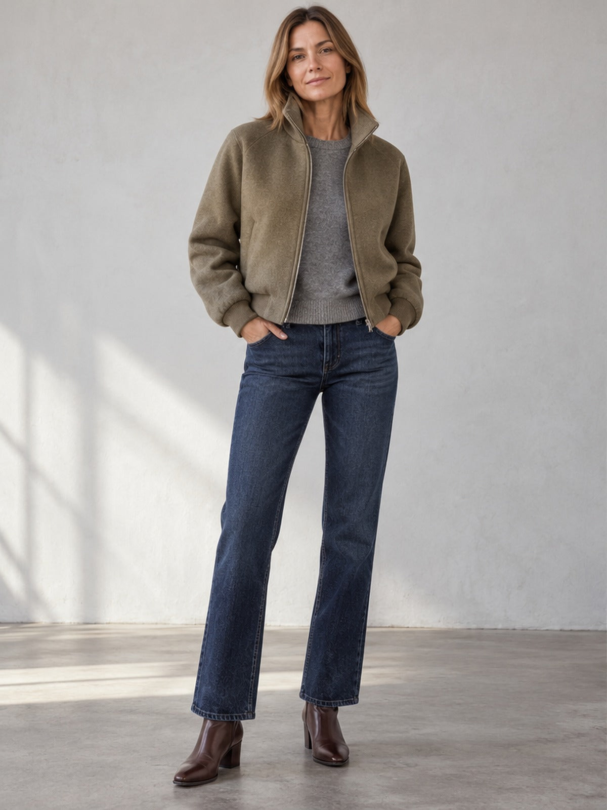 Cazadora Bomber Elegante Cuello Alto - Caqui