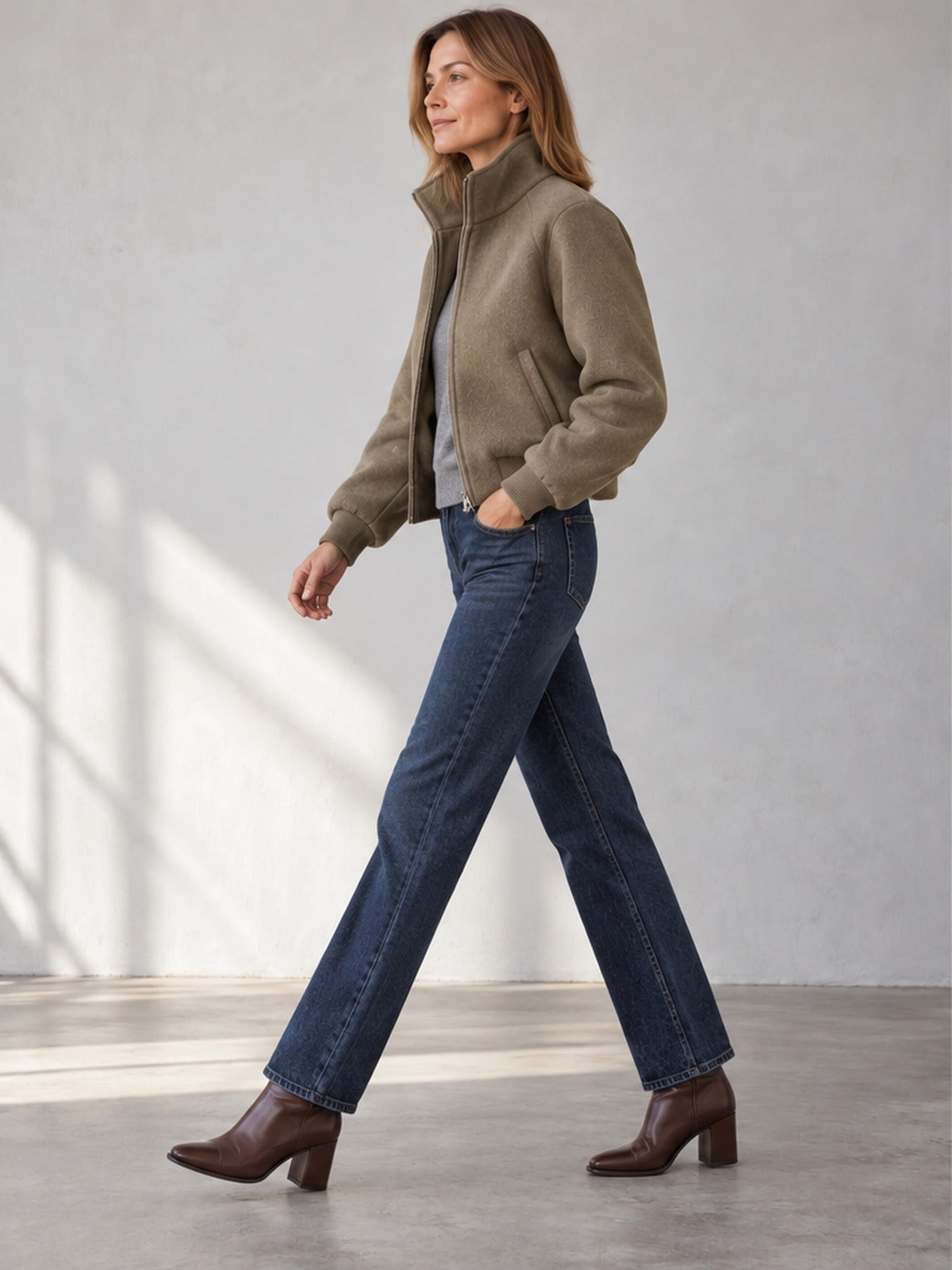 Cazadora Bomber Elegante Cuello Alto - Caqui