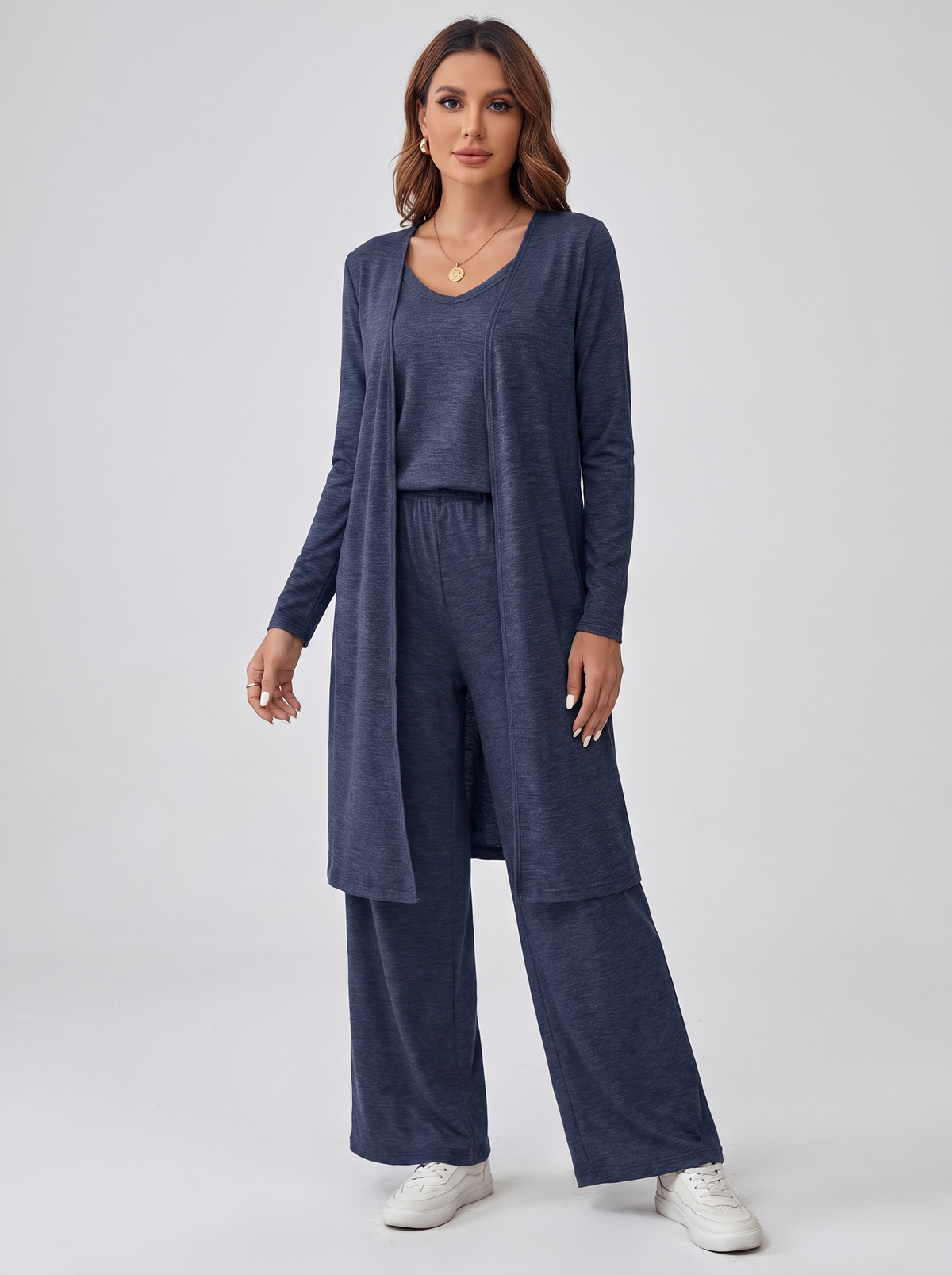 Conjunto Tres Piezas Cárdigan Largo, Top y Pantalón - Azul Marino